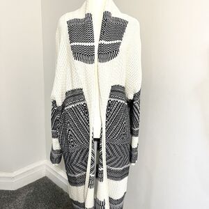 Lucky Brand Cardigan Sweater Womens XL Ivory Black Long Line Open Front Duster